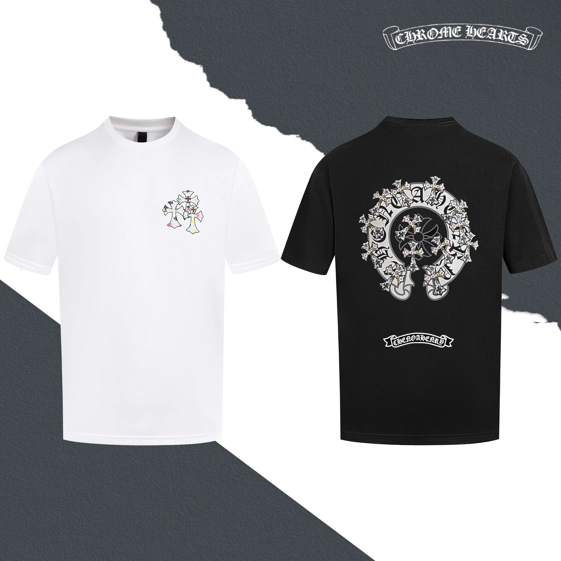 🅿️180 Style No. S023 CH Crow Heart Sanskrit Cross Heavy Embroidery Round Neck Short Sleeve Embroidery Full Packaging Complete with Three Standards Original Matching Accessories 1:1 Main Marking Technology Very High-end It Has Been Preshrunk at High Temperatures and Will Not Deform After Repeated Washing Pure Cotton 280g High Weight 32 Count Double Yarn No Pilling No Fading Comfortable and Breathable Matching 1x1 Thread in the Same Cylinder Oversize Loose Version Can wear up to 220 pounds Color: White Black Size: XS-L